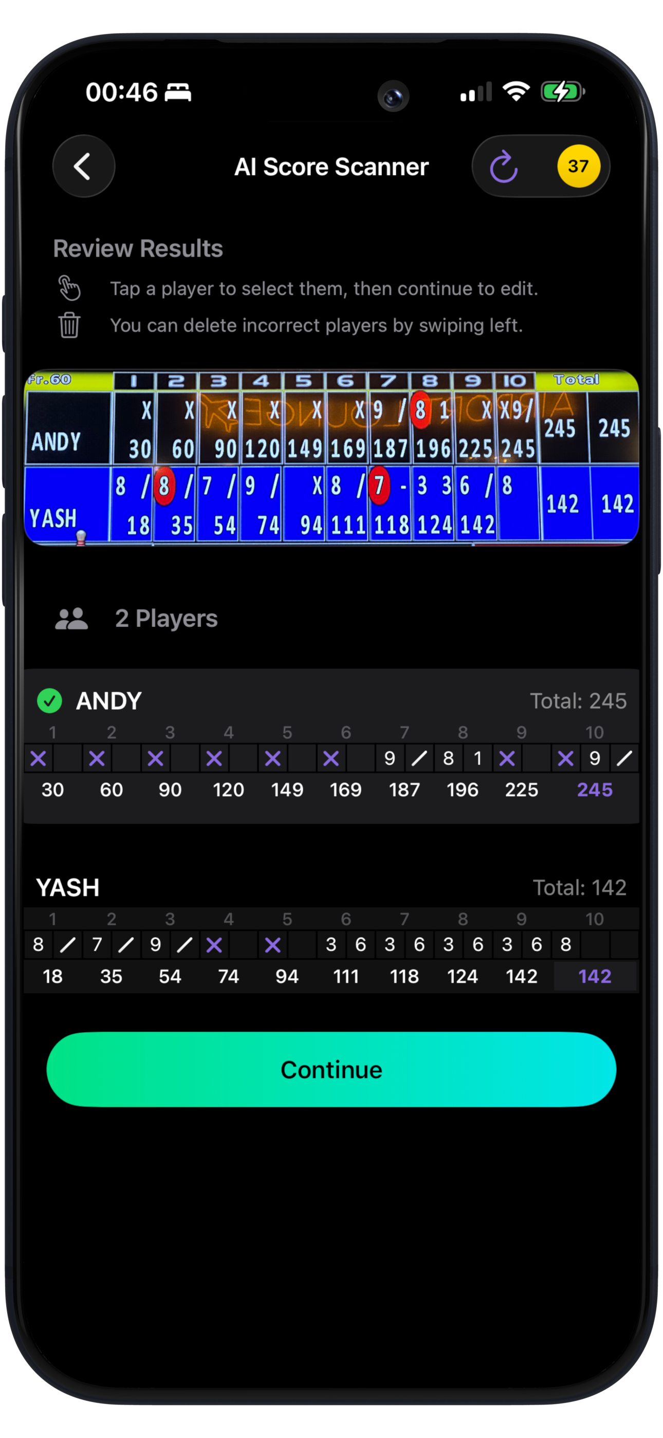 AI Scanner feature — phone scanning a bowling scoreboard