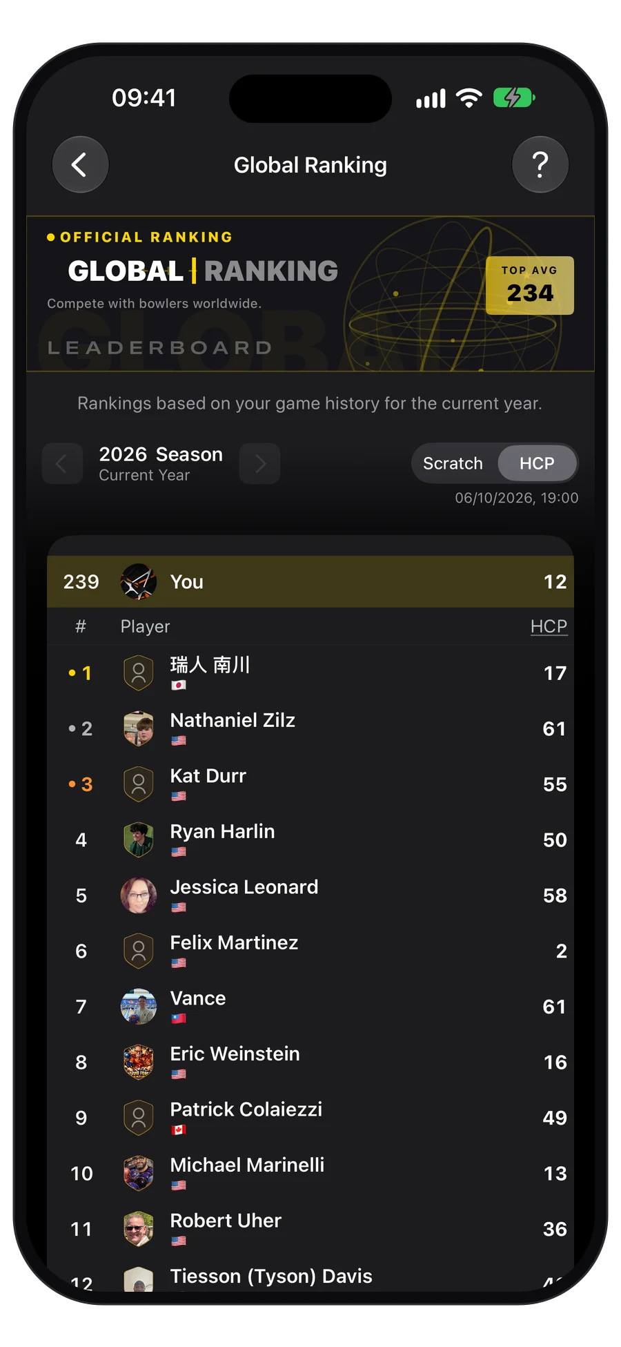 Global rankings leaderboard in the StrikeMaster app