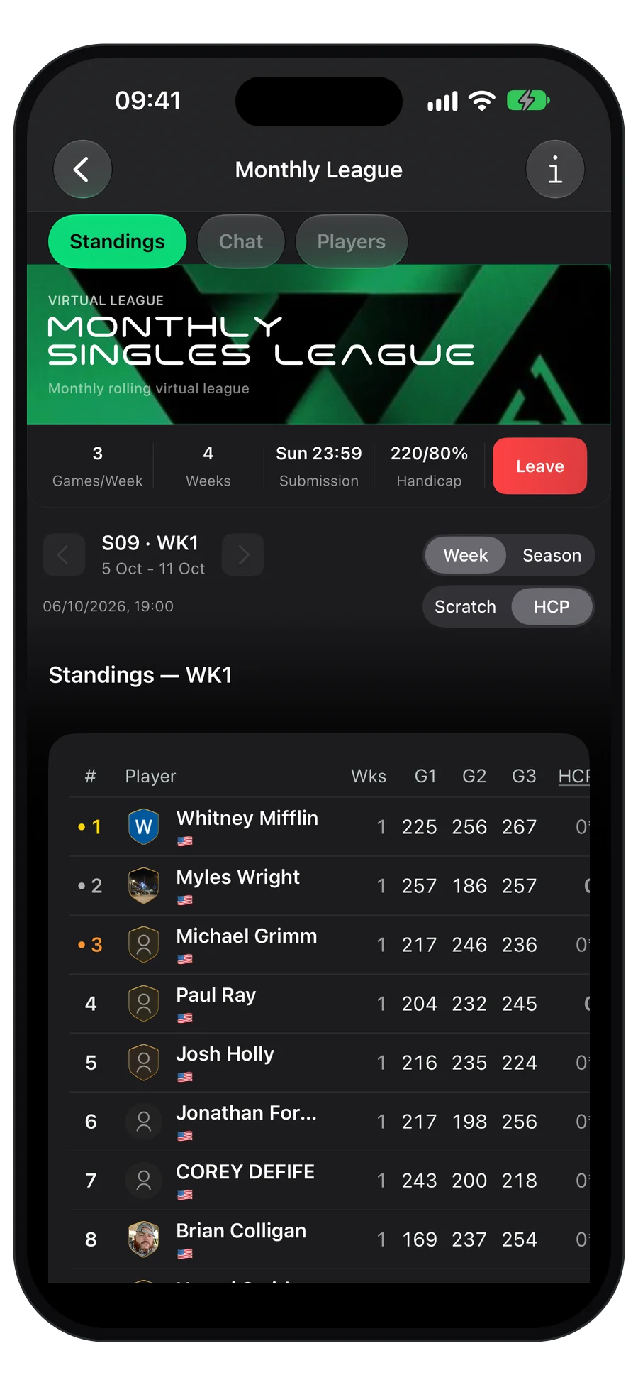Monthly Virtual League leaderboard in the StrikeMaster app