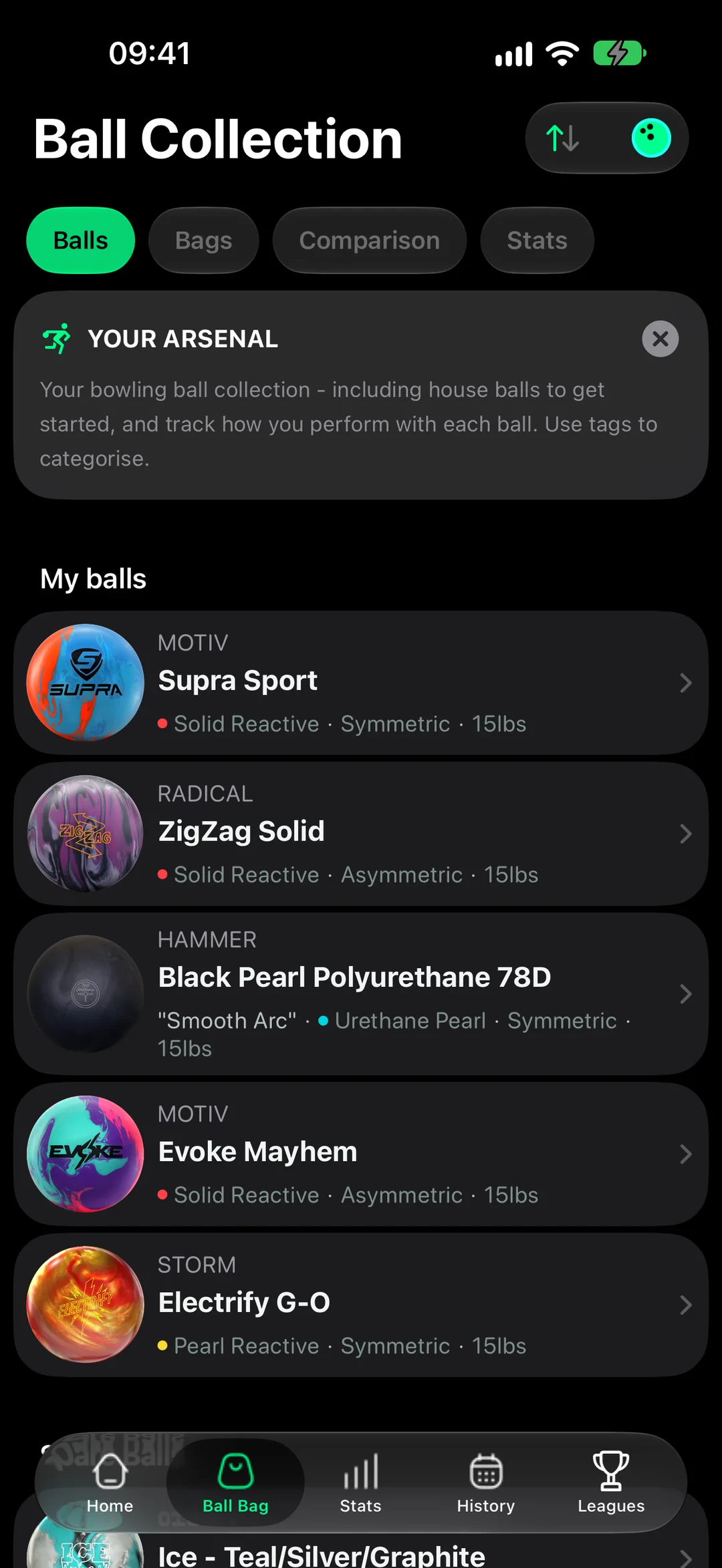 Ball collection in StrikeMaster with a picture of each ball