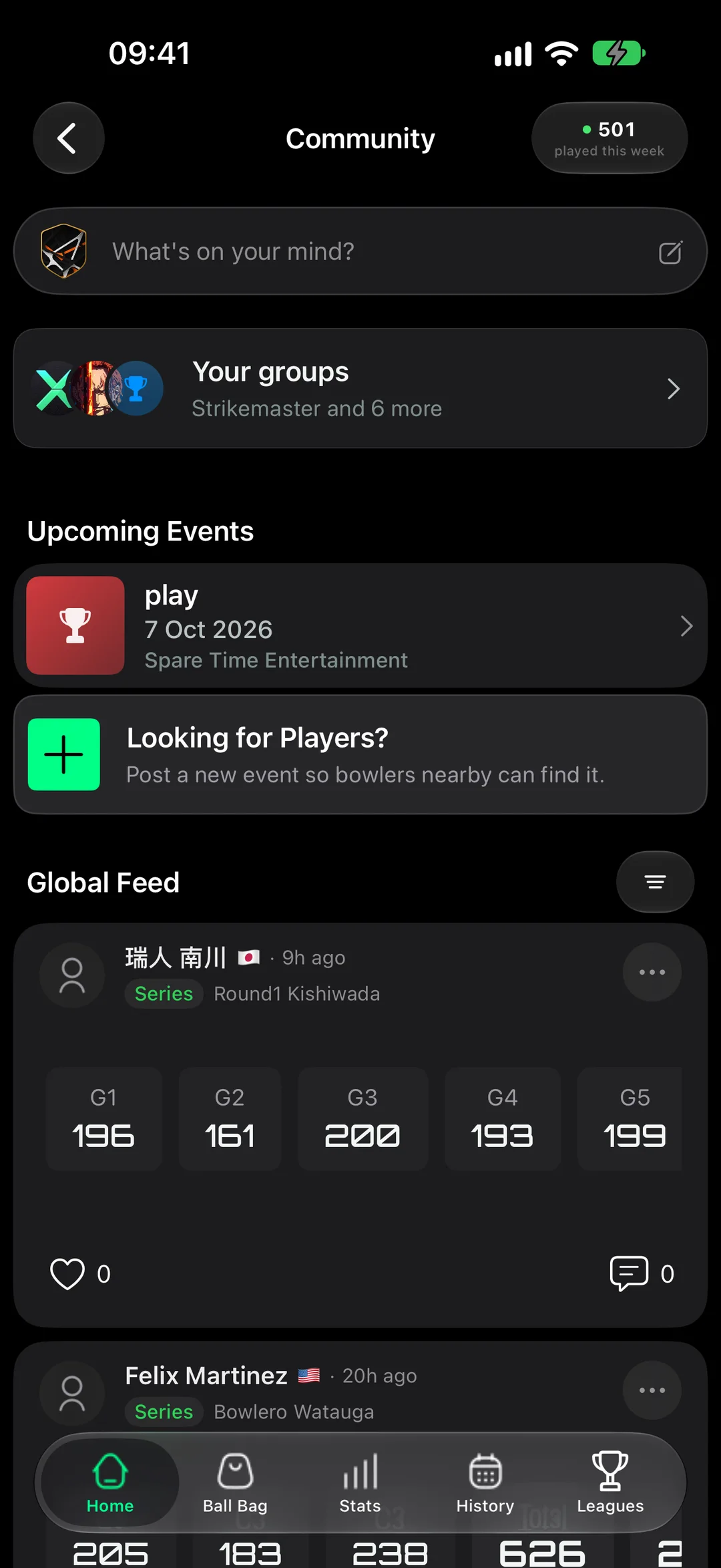 Community screen in StrikeMaster: groups, upcoming events and the global feed