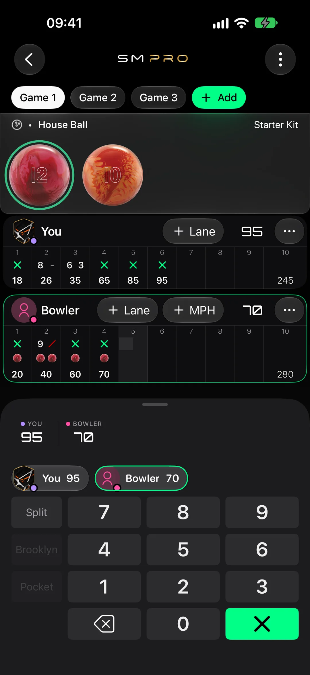 A doubles league game in StrikeMaster with both teammates' scoreboards on one phone, frame by frame, and the ball each one threw