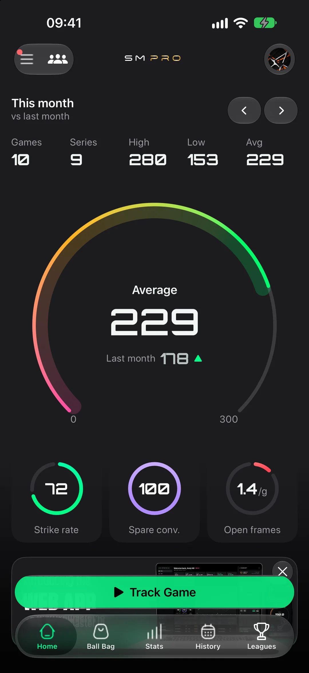 StrikeMaster home screen: this month's games, series, high, low and average, with strike rate, spare conversion and open frames