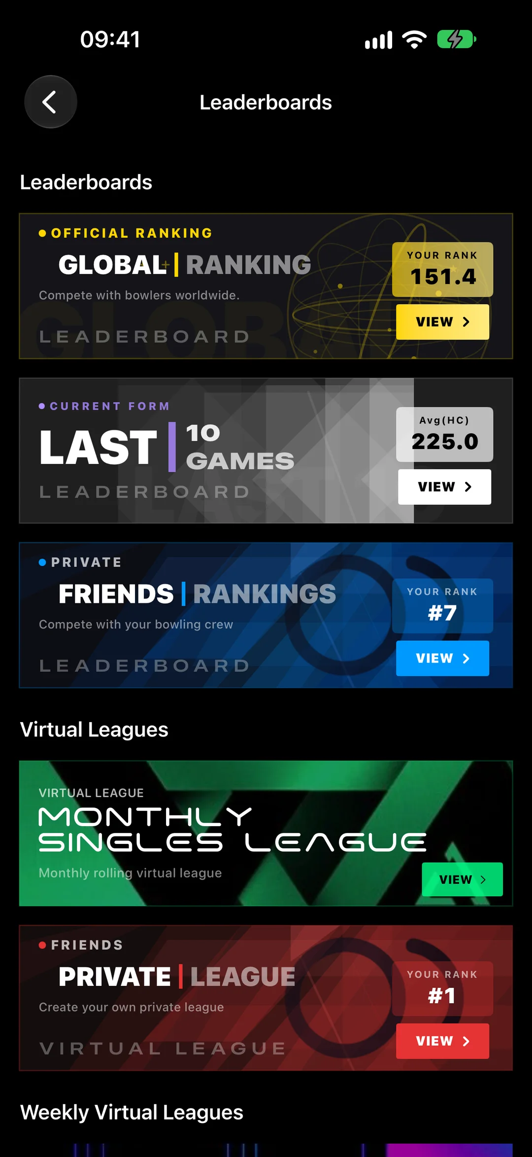 Leaderboards in StrikeMaster: global ranking, last 10 games, friends rankings and virtual leagues