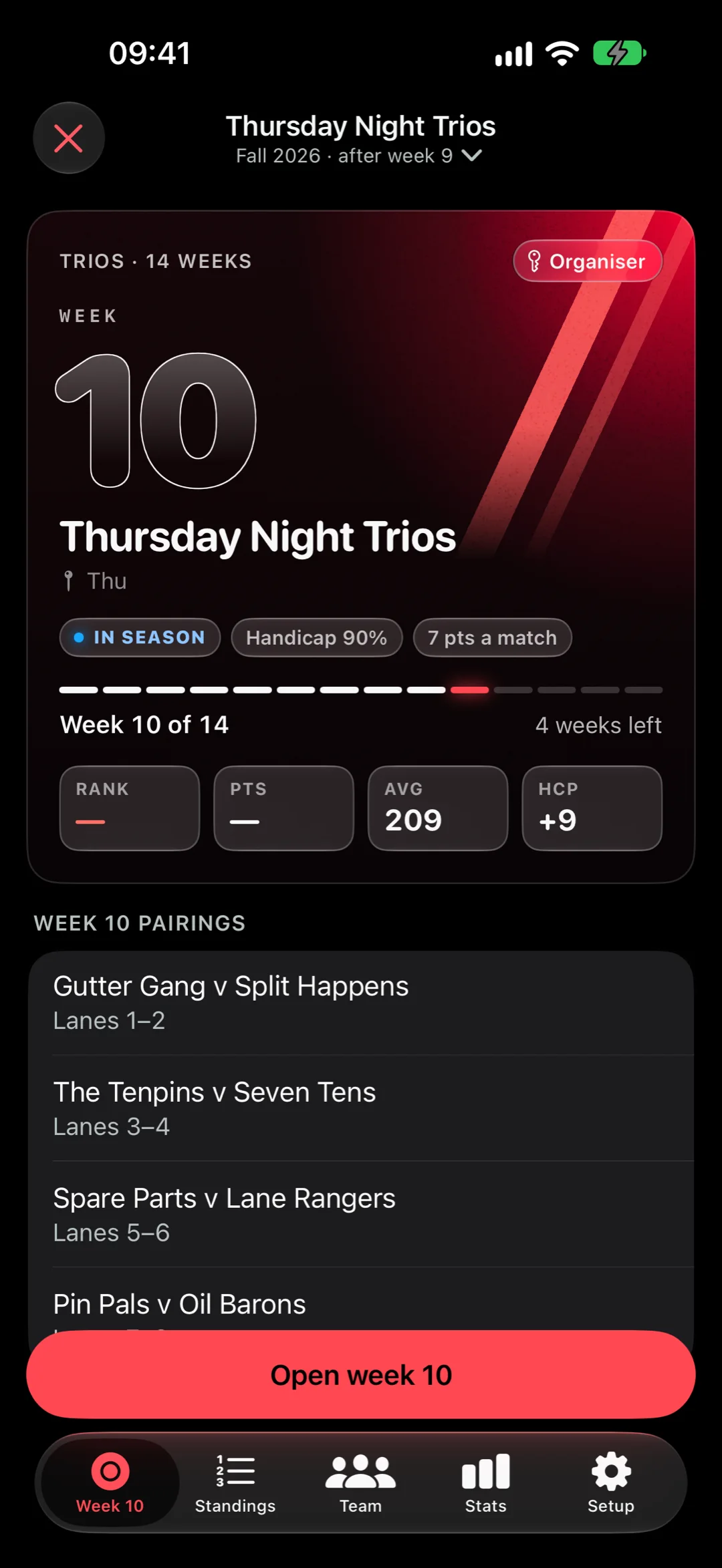 StrikeMaster league screen for Thursday Night Trios: week 10 of 14, handicap 90%, 7 points a match, and this week's pairings by lane