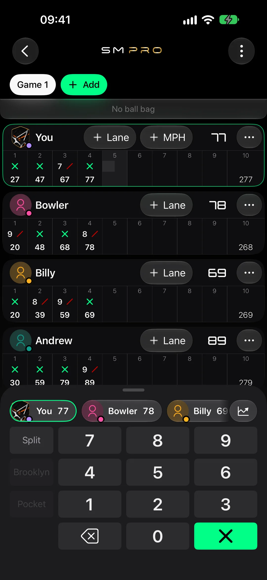 Four players' scoreboards on one phone in StrikeMaster, frame by frame