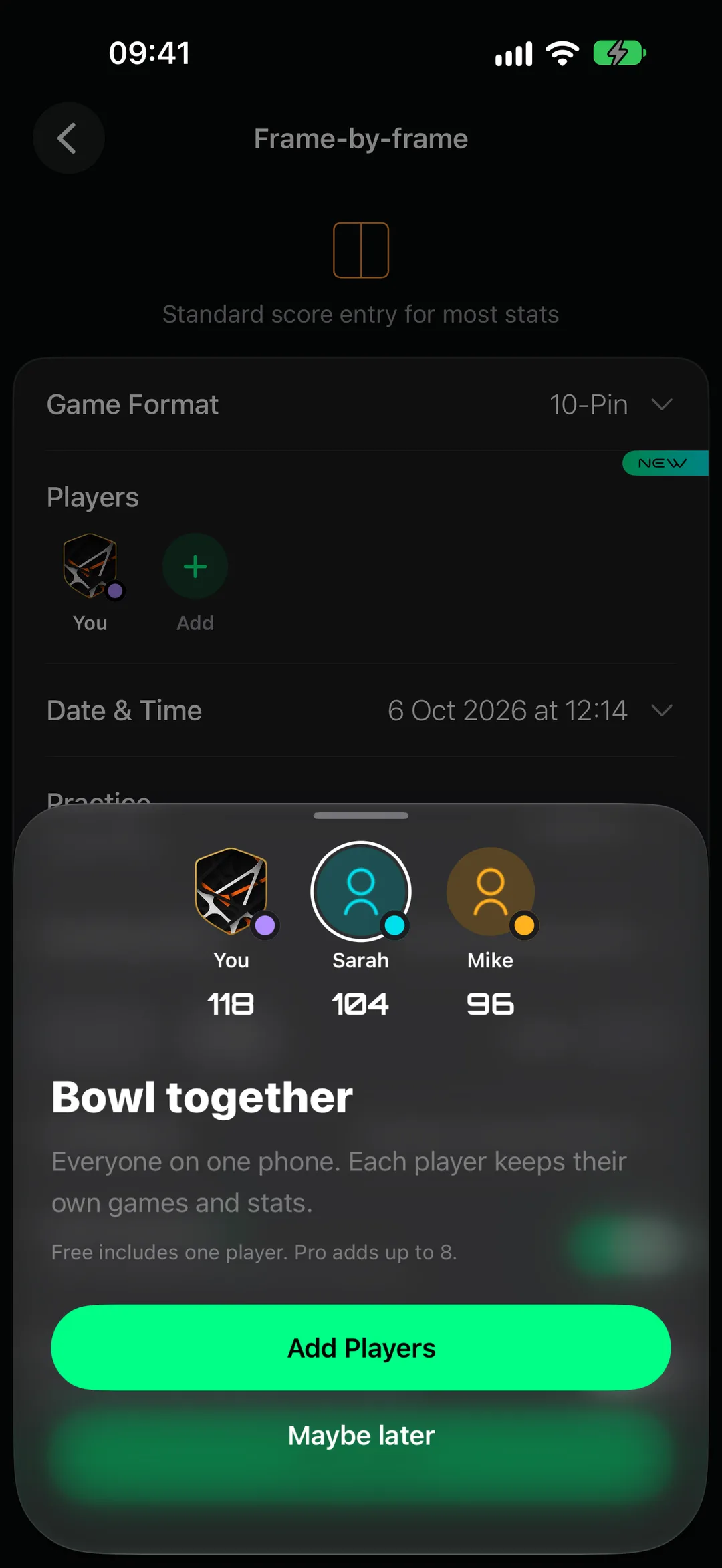 Bowl together in StrikeMaster: everyone on one phone, each player keeps their own games and stats