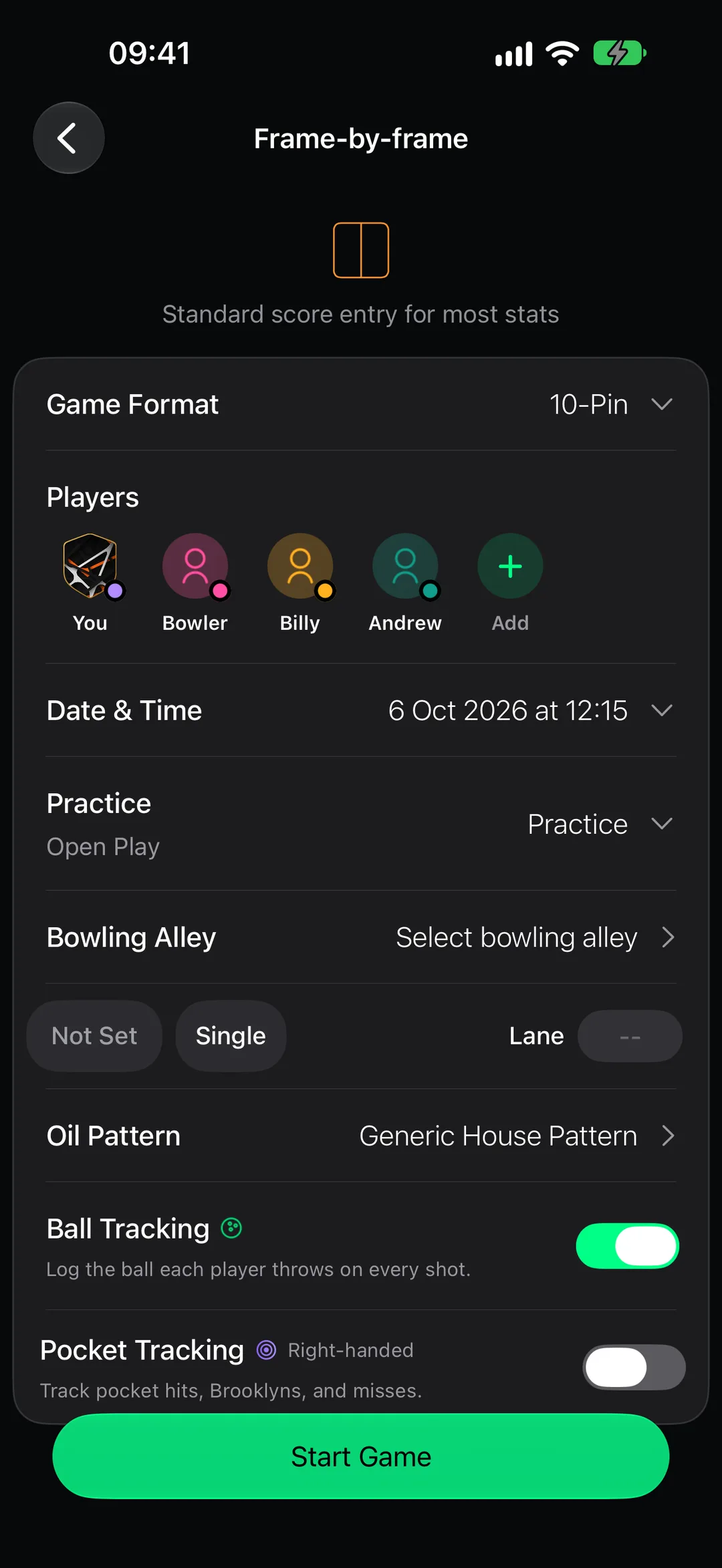 Game set-up in StrikeMaster: game format, four players, date, bowling alley, lane, oil pattern and ball tracking