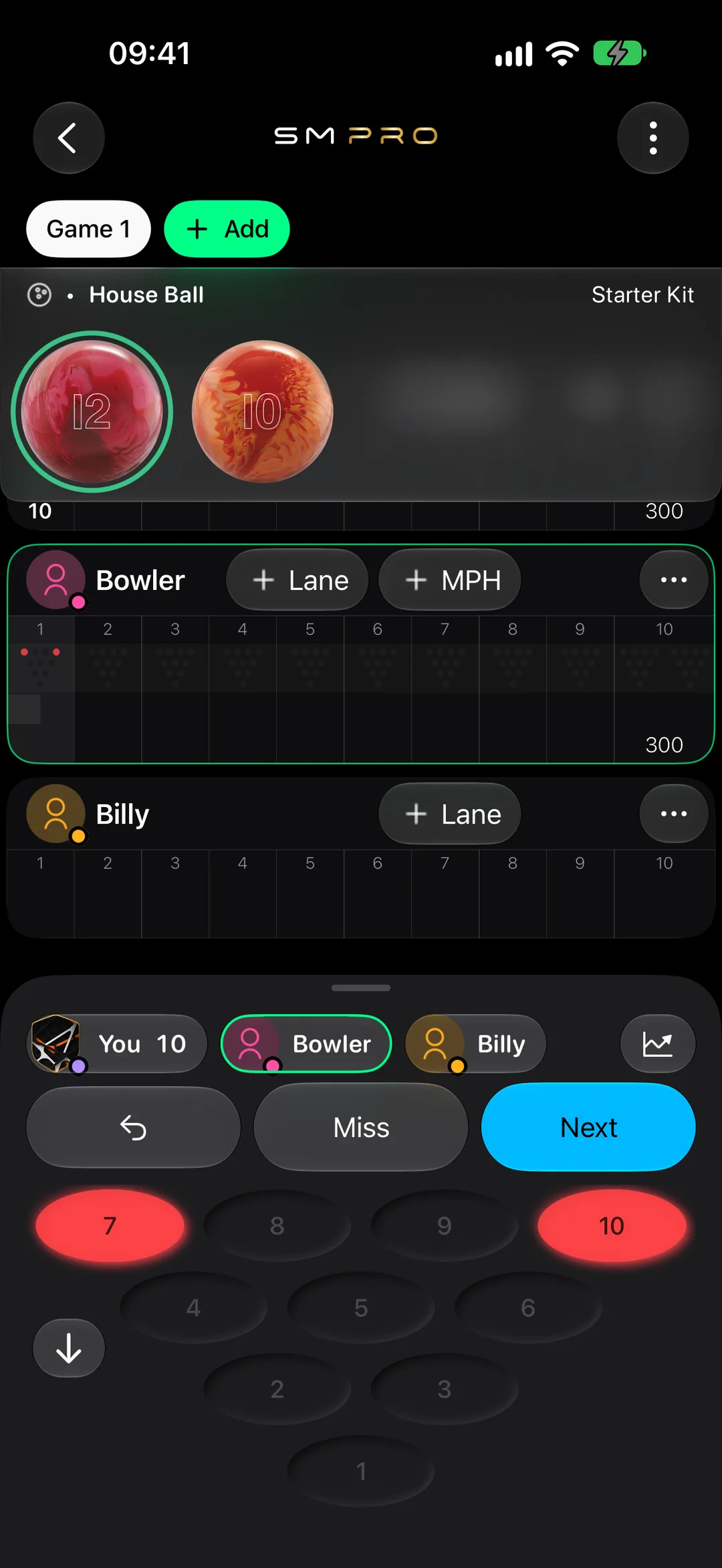 Pin Tracker in StrikeMaster with a 7-10 split marked on the pin pad
