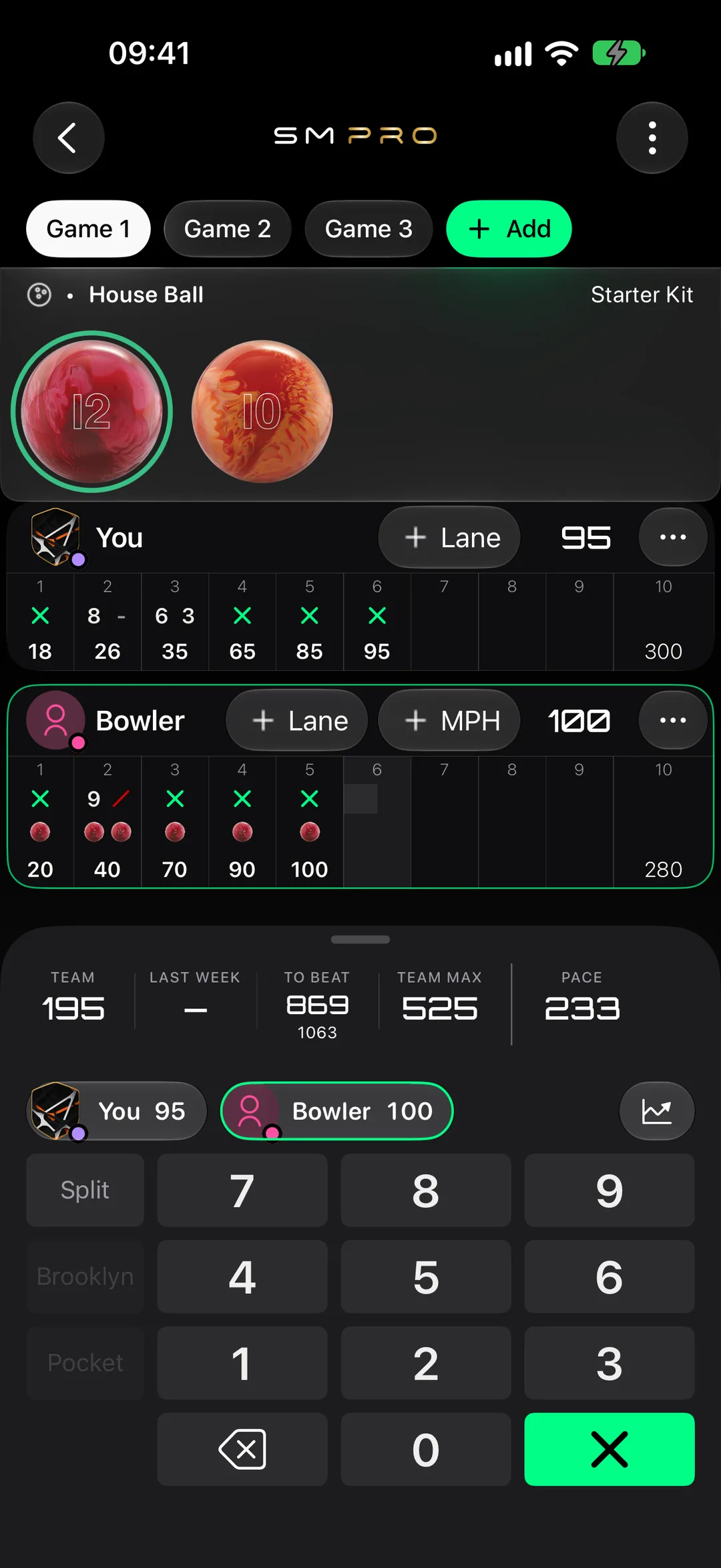 A doubles league game in StrikeMaster: both teammates' scoreboards with the team total, the score to beat, team max and pace