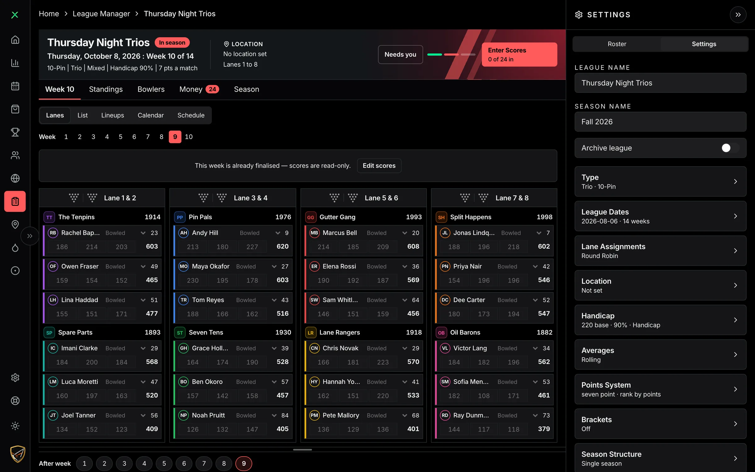 StrikeMaster web league manager with the settings panel open beside a full week of scores by lane pair: type, dates, lane assignments, handicap, averages, points system, brackets and season structure