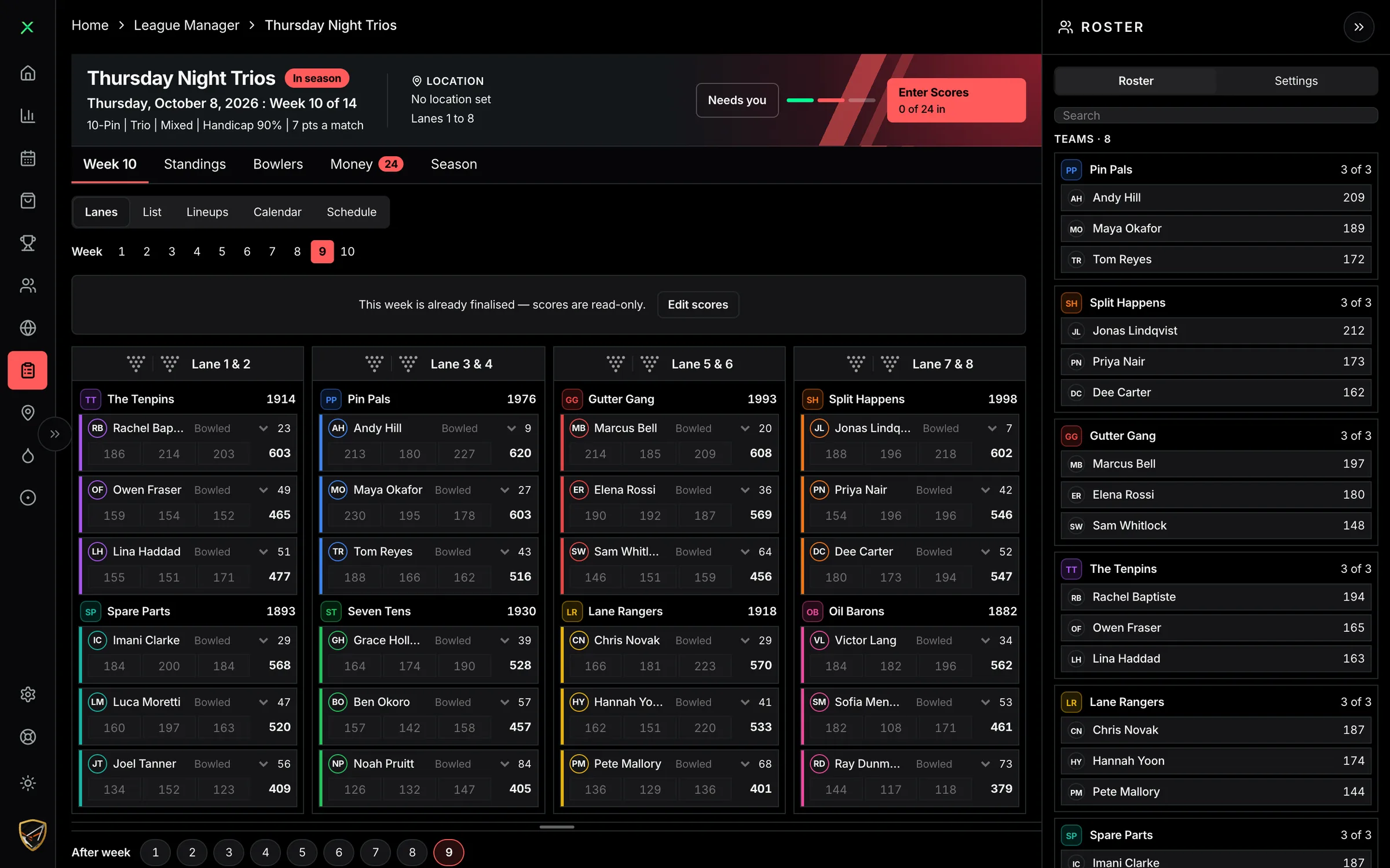 StrikeMaster league manager in a browser: week 9 of Thursday Night Trios, every team's three games by lane pair, with the roster and averages down the side